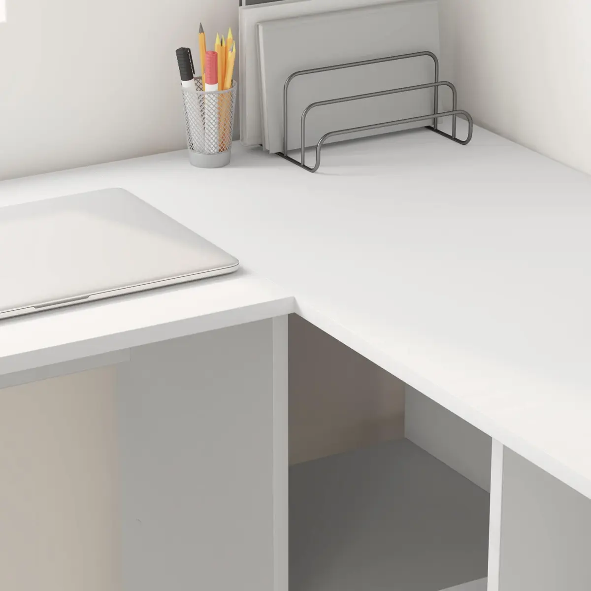 Corner Desk with Integrated Shelves Engineered Wood 142x102x73cm Matte White for Home Office Study Workspace