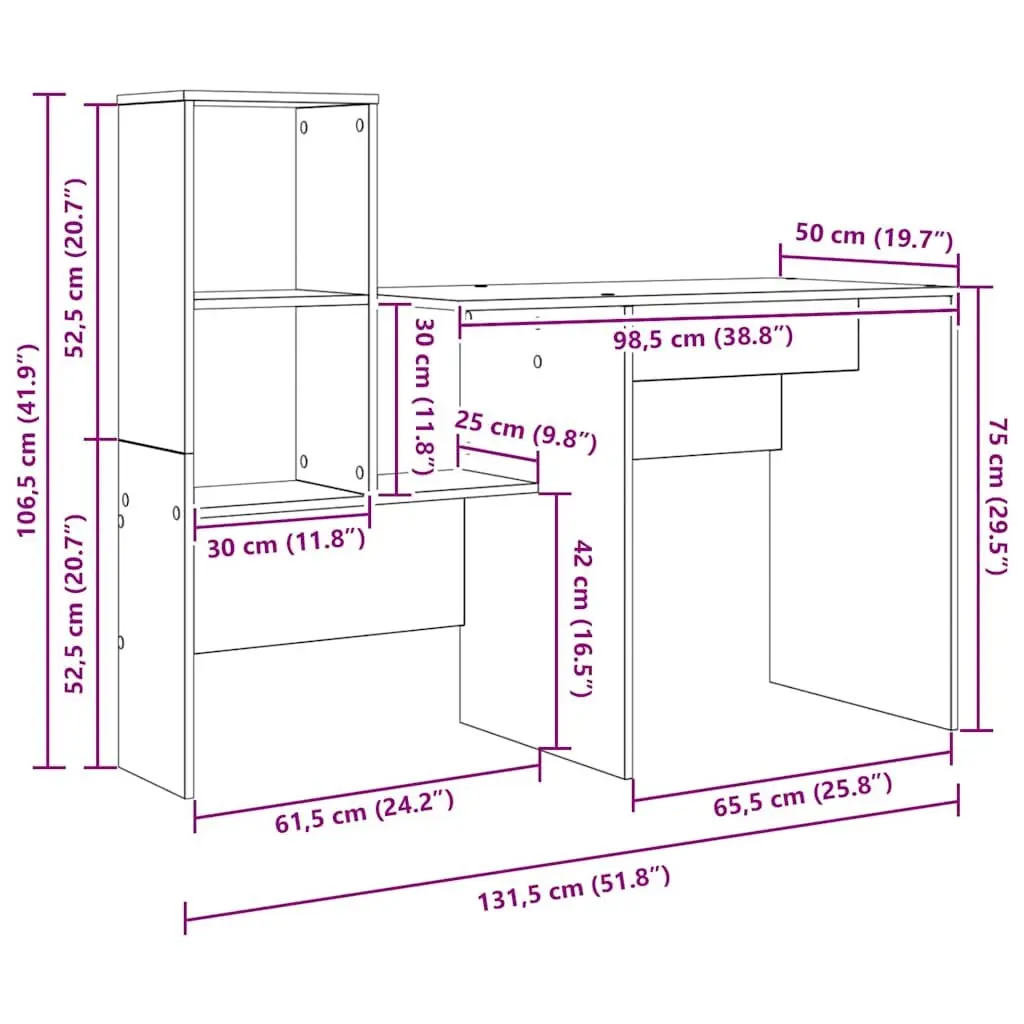 Engineered Wood Desk with Integrated Storage Shelves 131.5x50x106.5cm White for Home Office and Study