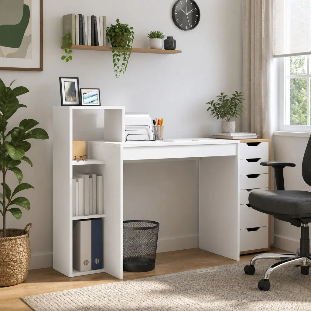 White Desk with Shelf for Home Office Setup