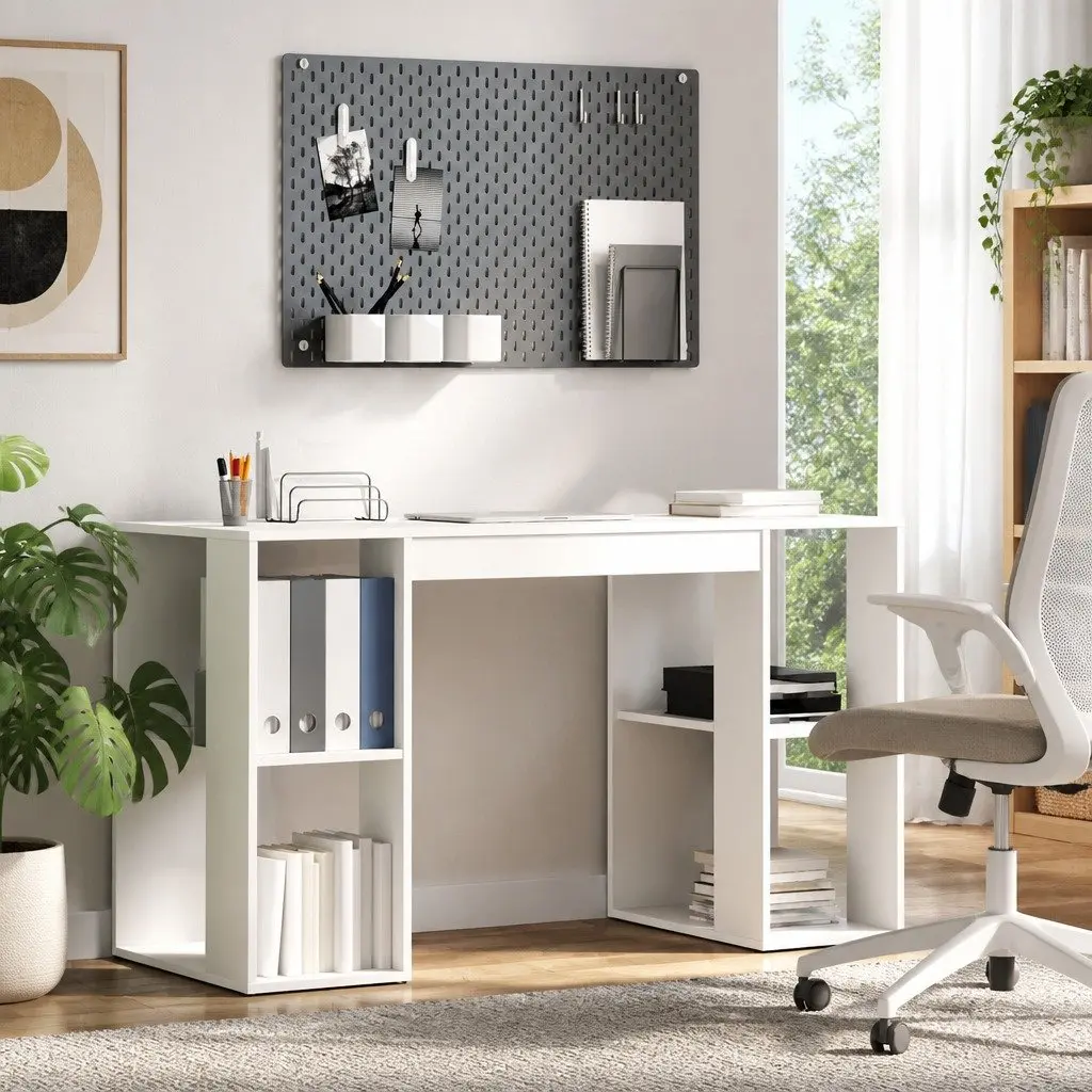 White Desk with Shelves Engineered Wood 130 x 50.5 x 75 cm Workspace Storage Home Office