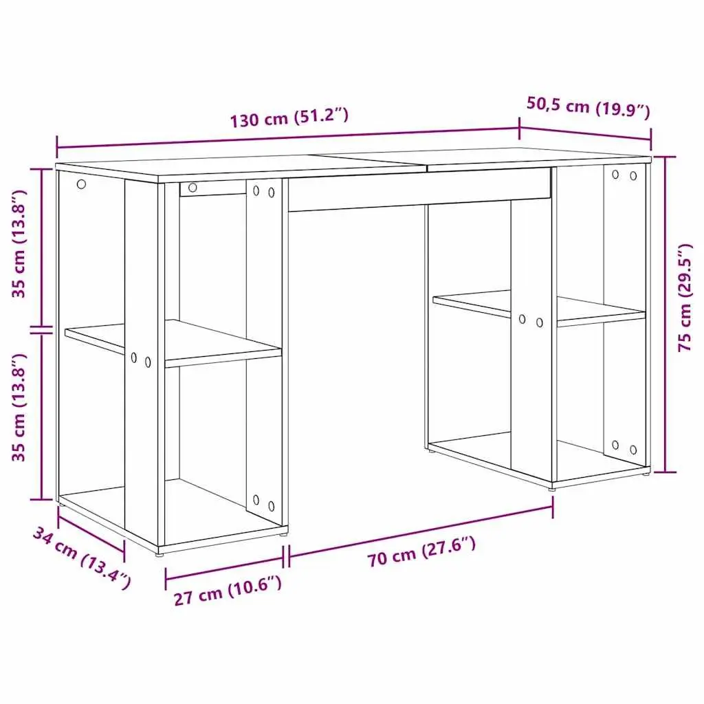 White Desk with Shelves Engineered Wood 130 x 50.5 x 75 cm Workspace Storage Home Office