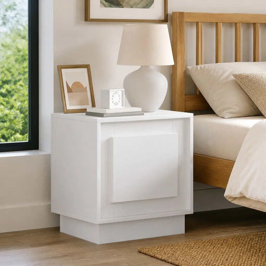 Bedside Table Engineered Wood Compact White Rustic Nightstand with LED Strip Lighting and USB Charging Port