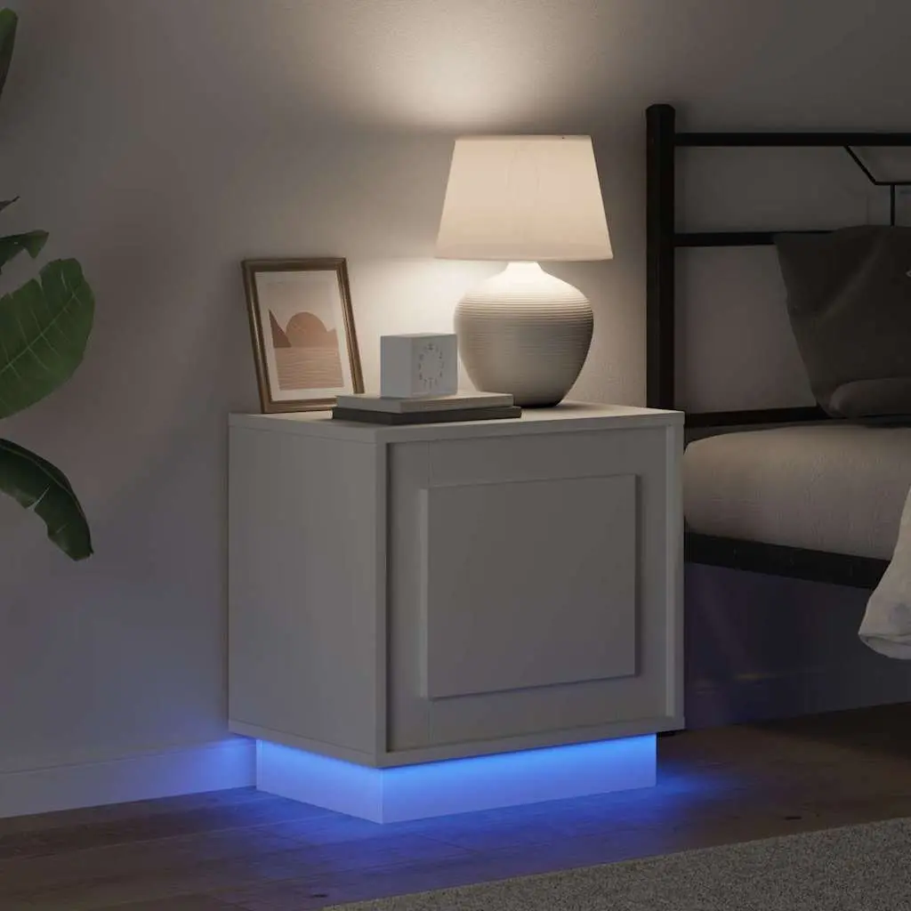 Bedside Table Engineered Wood Compact White Rustic Nightstand with LED Strip Lighting and USB Charging Port