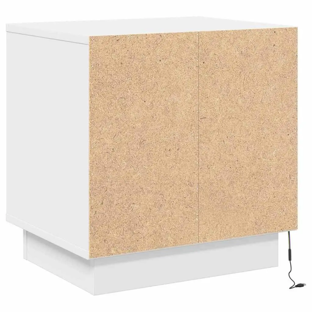 Bedside Table Engineered Wood Compact White Rustic Nightstand with LED Strip Lighting and USB Charging Port