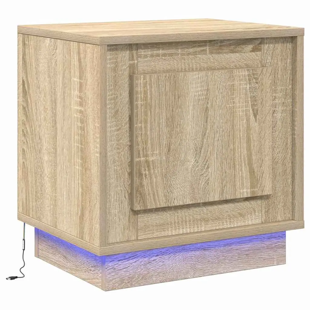 Bedside Cabinet 2 pcs with LED Strip Lights USB Port Bedroom Nightstand Storage