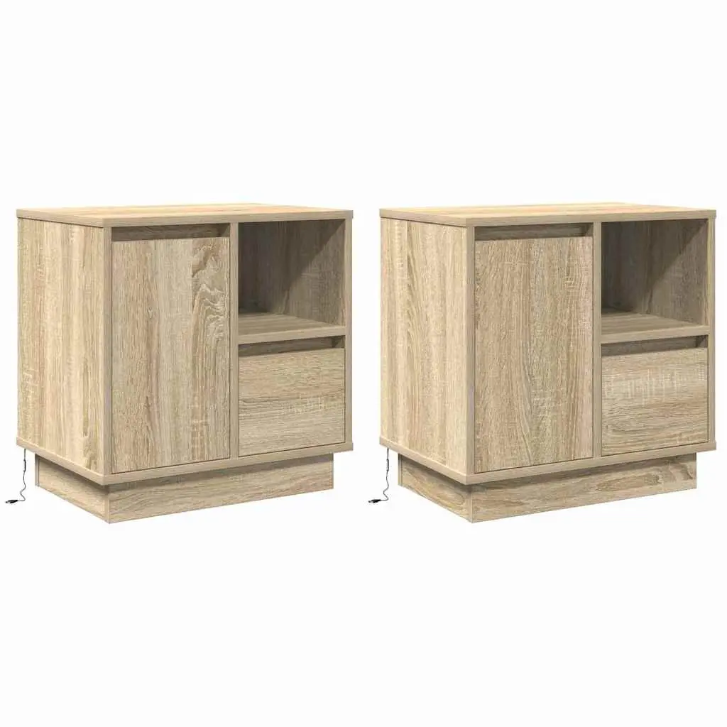 Bedside Cabinet Engineered Wood 50x34.5x50cm Beige with Drawer USB Powered LED Lights and Hinge Door Cupboard 2 Piece