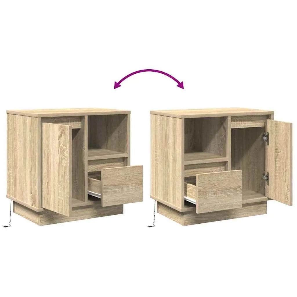 Bedside Cabinet Engineered Wood 50x34.5x50cm Beige with Drawer USB Powered LED Lights and Hinge Door Cupboard 2 Piece