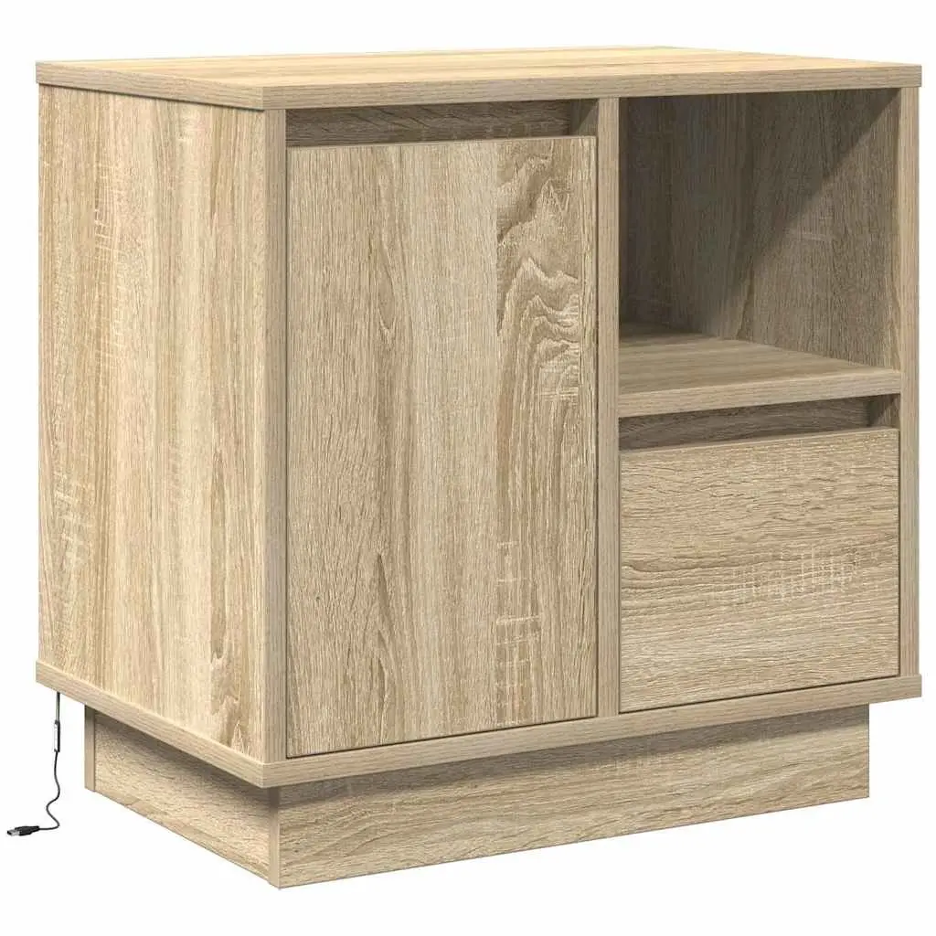 Bedside Cabinet Engineered Wood 50x34.5x50cm Beige with Drawer USB Powered LED Lights and Hinge Door Cupboard 2 Piece