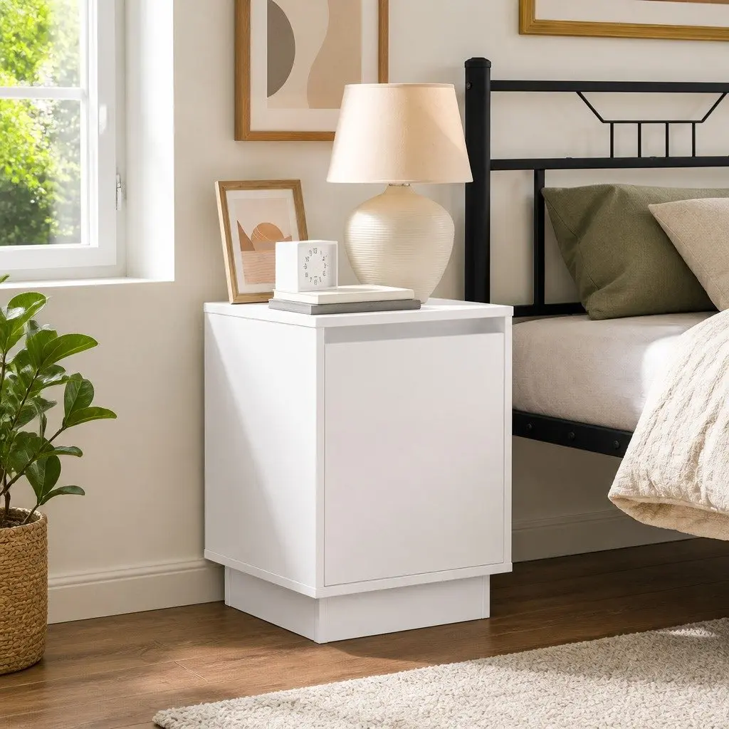 Bedside Cabinet Engineered Wood Hinge Door USB LED Lighting White 2 Piece