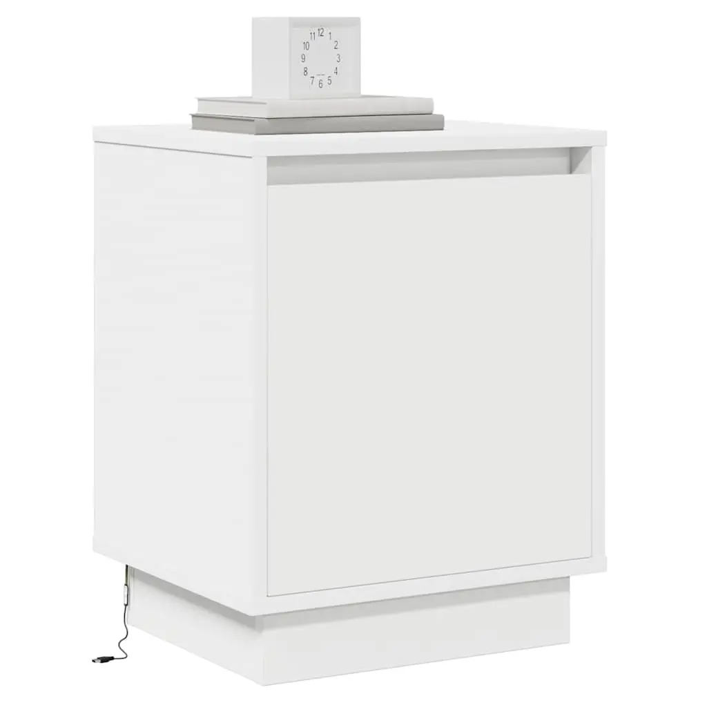 Bedside Cabinet Engineered Wood Hinge Door USB LED Lighting White 2 Piece