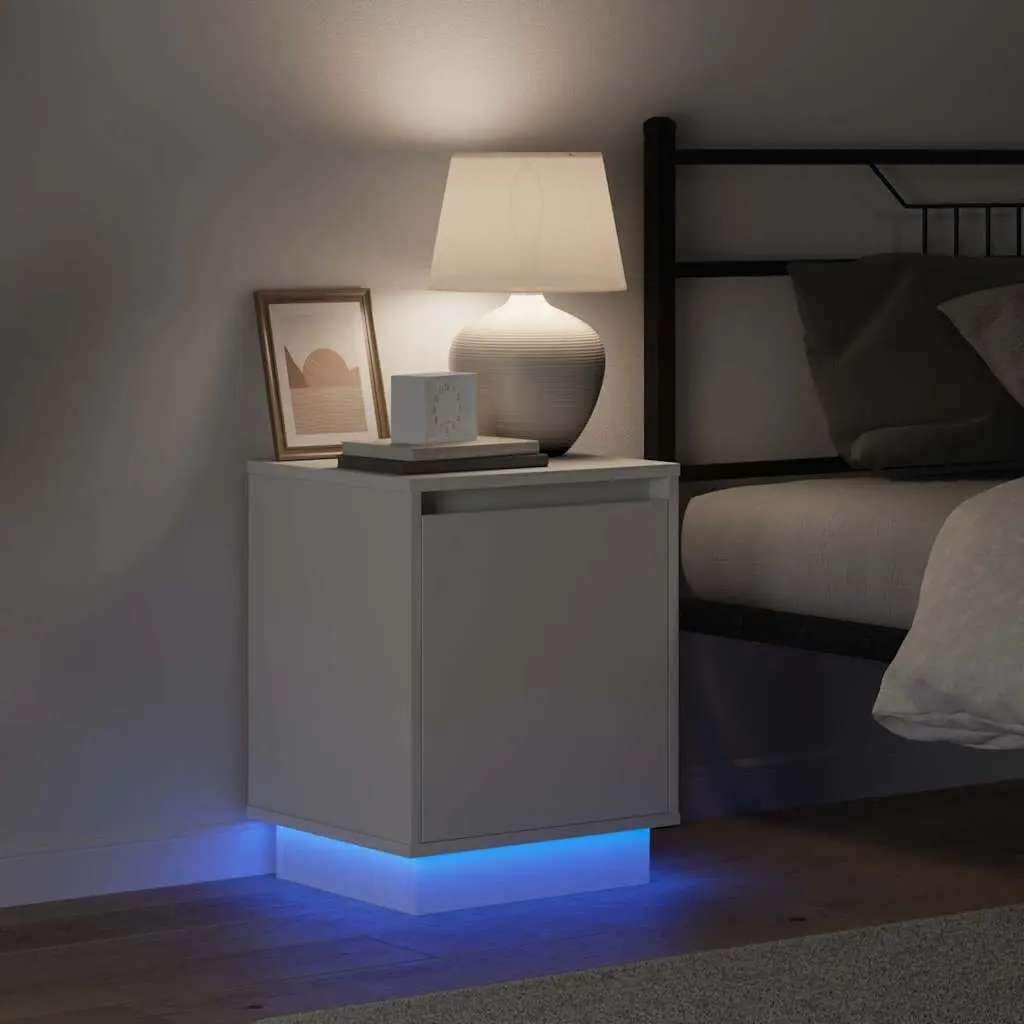 Bedside Cabinet Engineered Wood Hinge Door USB LED Lighting White 2 Piece