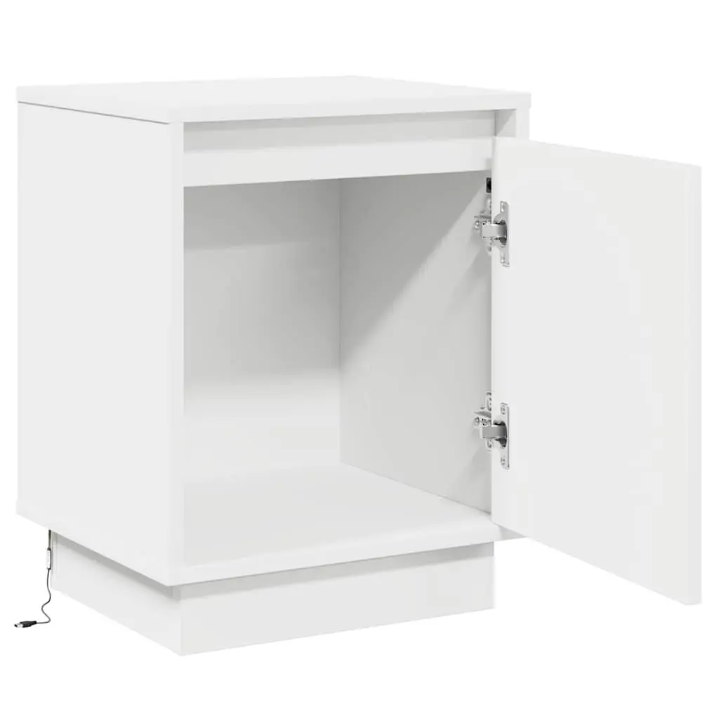 Bedside Cabinet Engineered Wood Hinge Door USB LED Lighting White 2 Piece