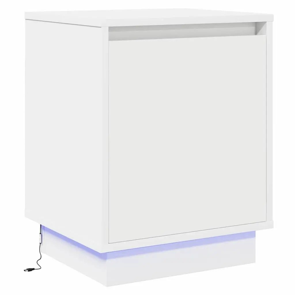 Bedside Cabinet Engineered Wood Hinge Door USB LED Lighting White 2 Piece