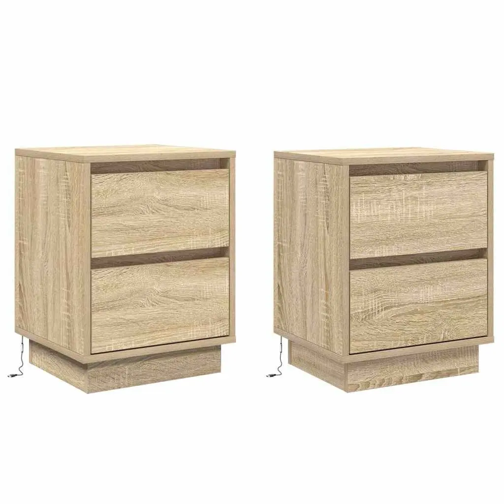 Bedside Cabinet Engineered Wood Compact Sonoma Oak 2 Piece with LED String Lights