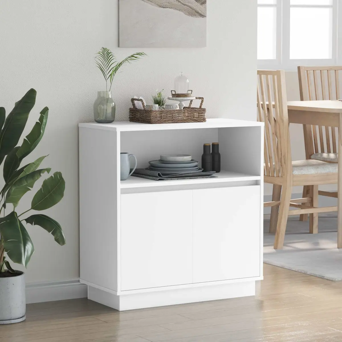 LED Sideboard Engineered Wood White Modern Storage Cabinet with Hinged Doors