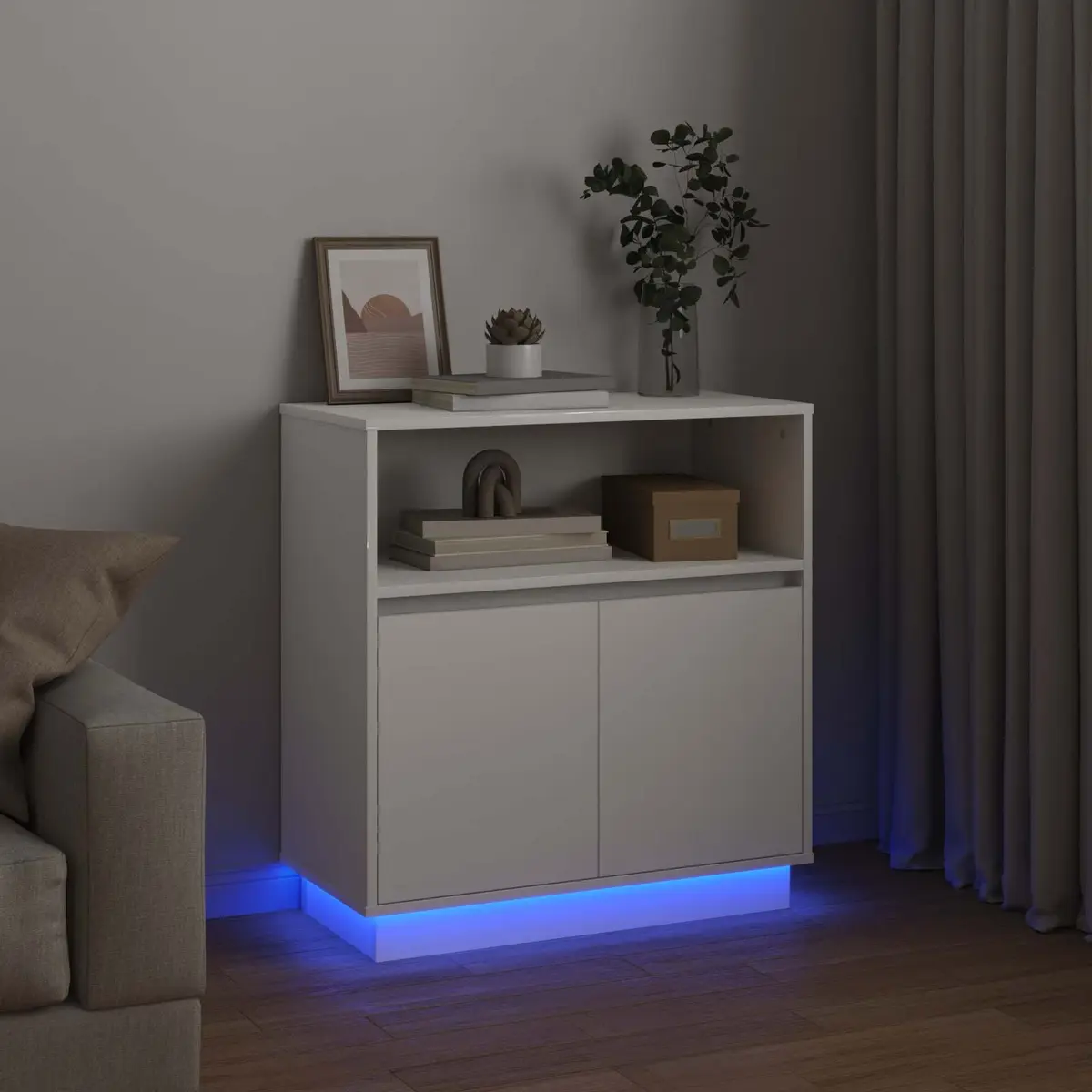 LED Sideboard Engineered Wood White Modern Storage Cabinet with Hinged Doors
