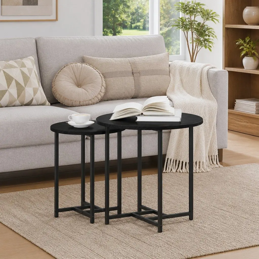 Nesting Side Table Set Engineered Wood Metal Frame Black 2 Piece