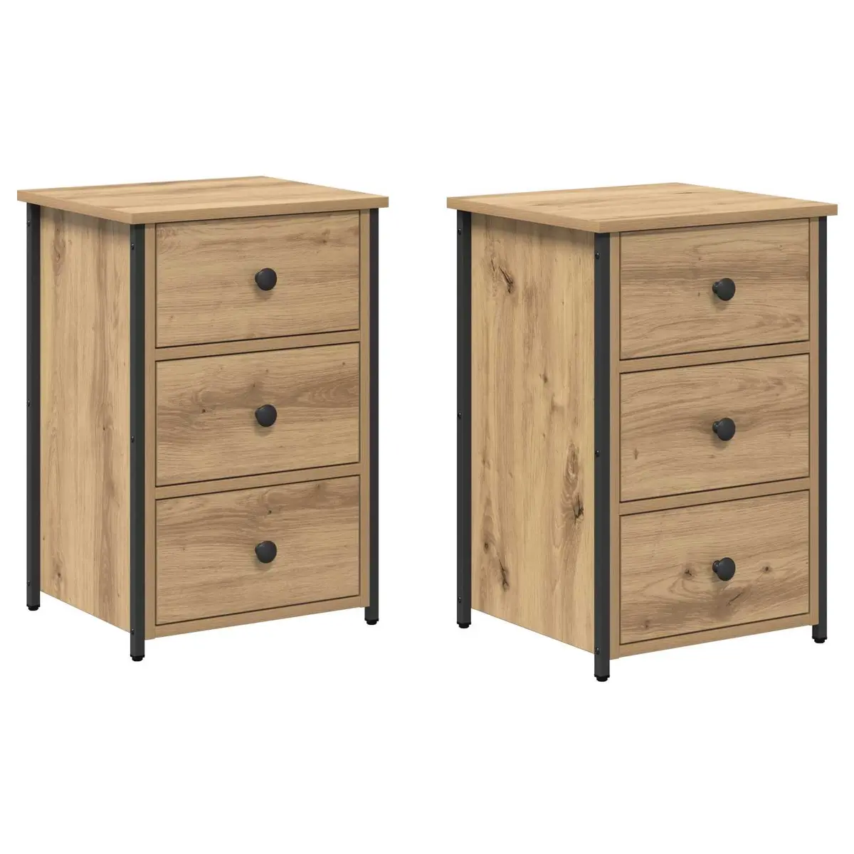 Brown Nightstand Storage Drawer 2 Piece Engineered Wood and Iron Frame 40 x 36 x 60 cm Modern Bedside Cabinet