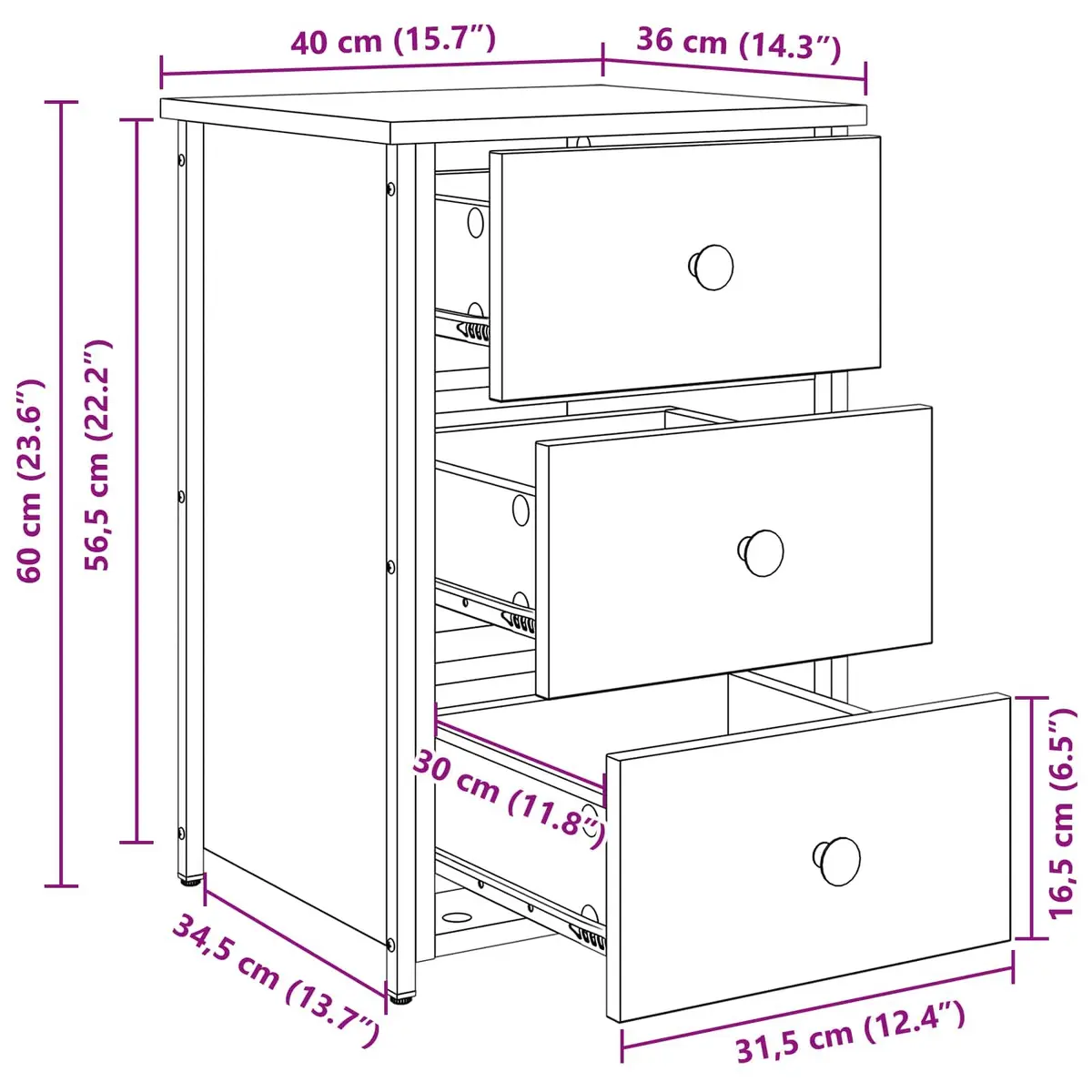 Brown Nightstand Storage Drawer 2 Piece Engineered Wood and Iron Frame 40 x 36 x 60 cm Modern Bedside Cabinet