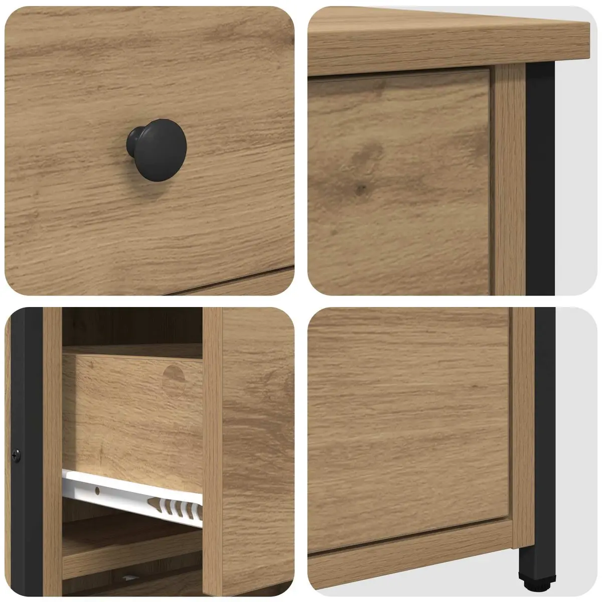 Brown Nightstand Storage Drawer 2 Piece Engineered Wood and Iron Frame 40 x 36 x 60 cm Modern Bedside Cabinet