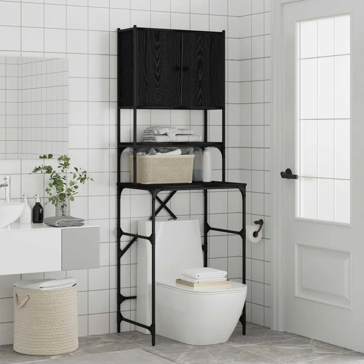 Washing Machine Cabinet Storage Unit Laundry Organizer Black Oak 68x48.5x194cm