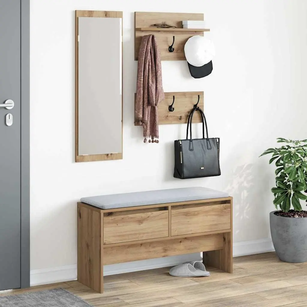 Hallway Furniture Set Storage Bench Mirror Coat Racks Entryway Organiser Brown
