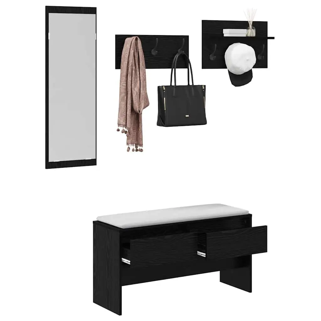 Hallway Furniture Set 4 Piece Storage Bench Mirror Coat Racks Black Oak Entryway