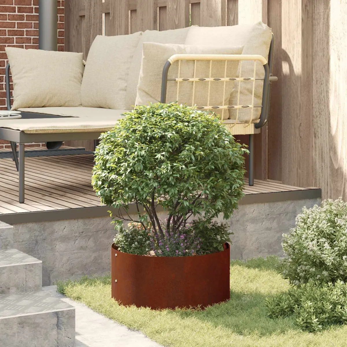 Round Steel Outdoor Planter Ring 40cm Rusty Brown Decorative Flower Bed Border