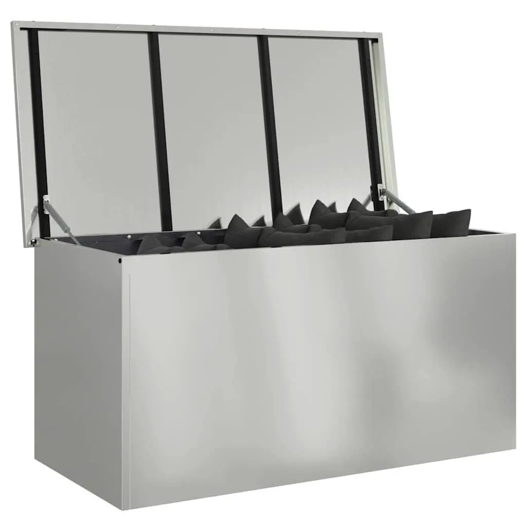 Steel Outdoor Cushion Storage Box 100x50 Silver Gas Lift Lid Weatherproof Garden Organizer