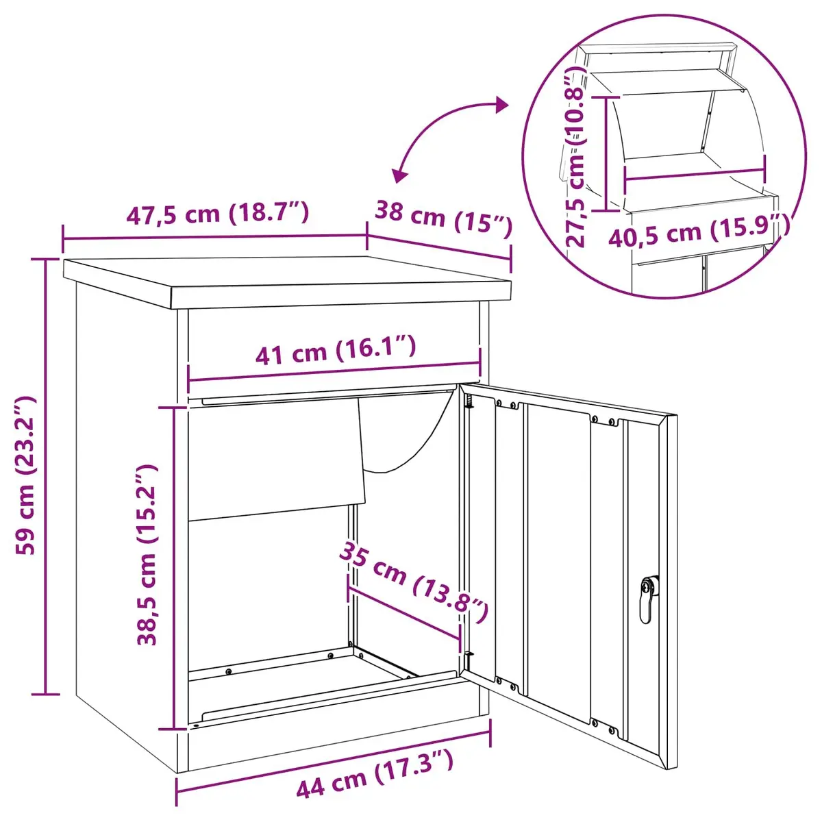 Parcel Drop Box Steel 47.5 x 38 x 59 cm Black Outdoor Mailbox