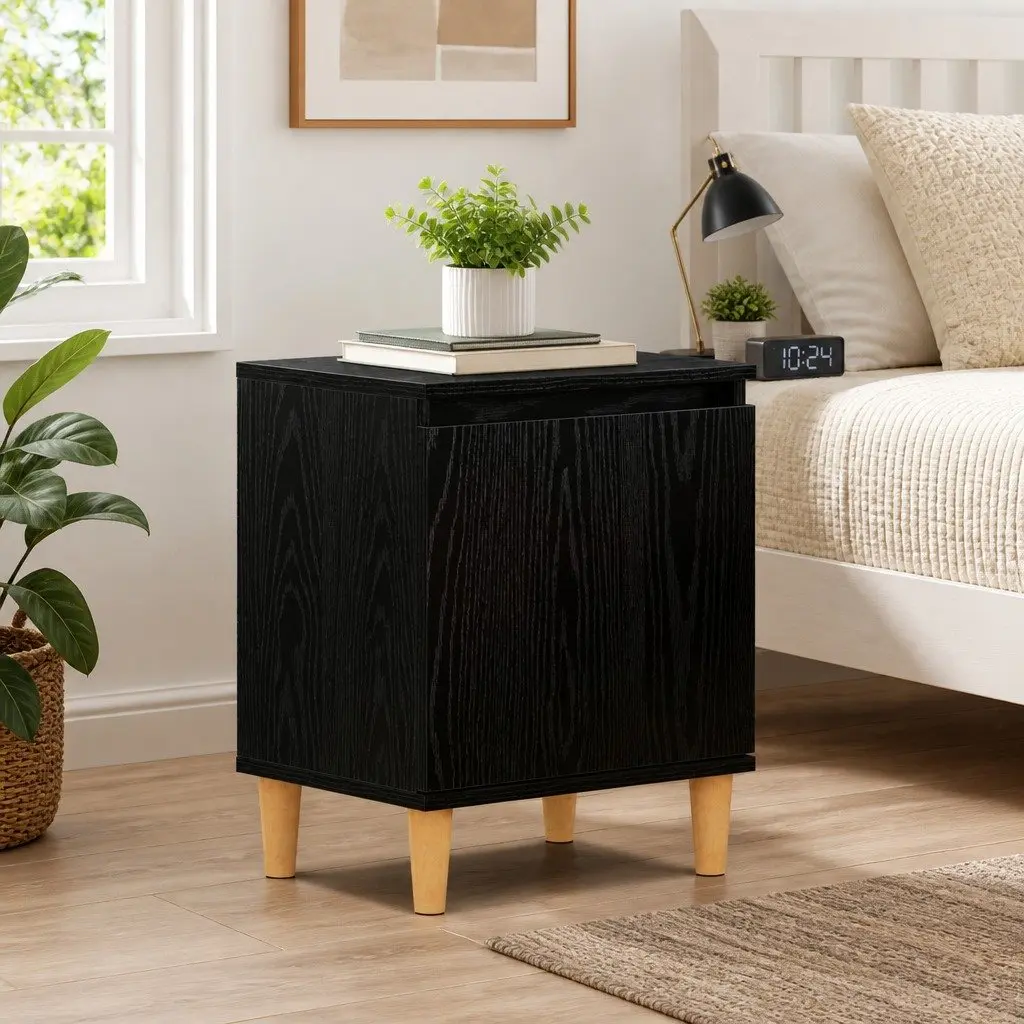 Nightstand Engineered Wood Hinged Door Black Oak Size 40 x 30 x 50 cm