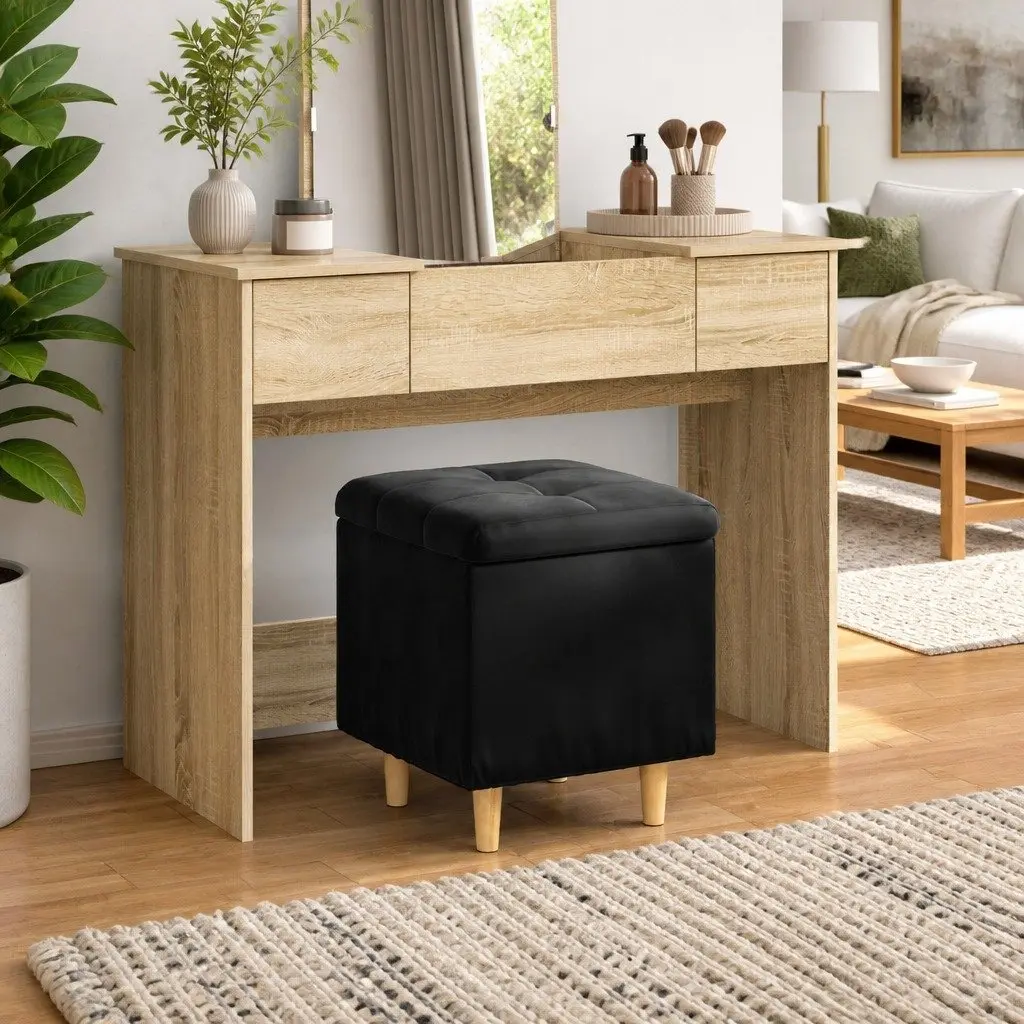 Black Storage Ottoman with Cushion for Home Use