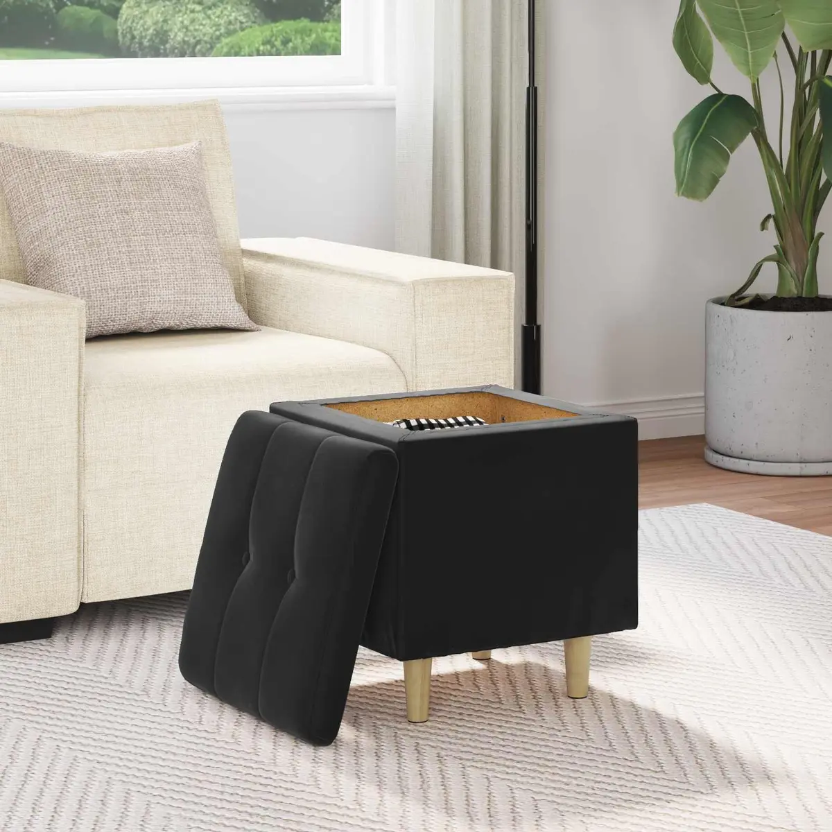 Black Storage Ottoman with Cushion for Home Use