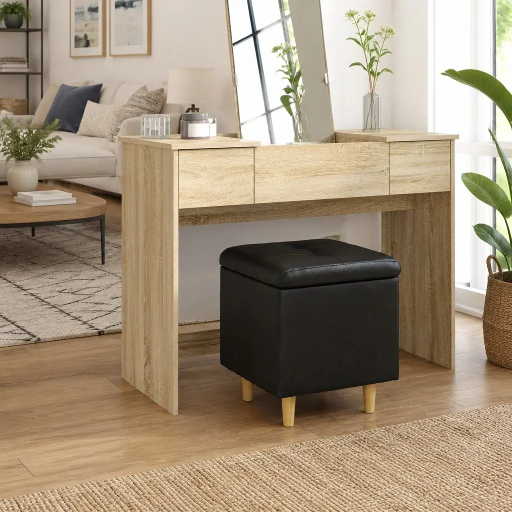 Storage Ottoman Faux Leather Tufted Cushion Black 40 x 40 x 45 cm