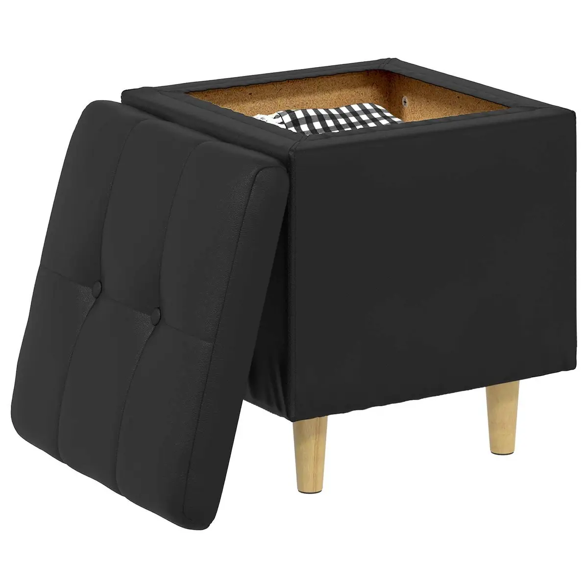 Storage Ottoman Faux Leather Tufted Cushion Black 40 x 40 x 45 cm