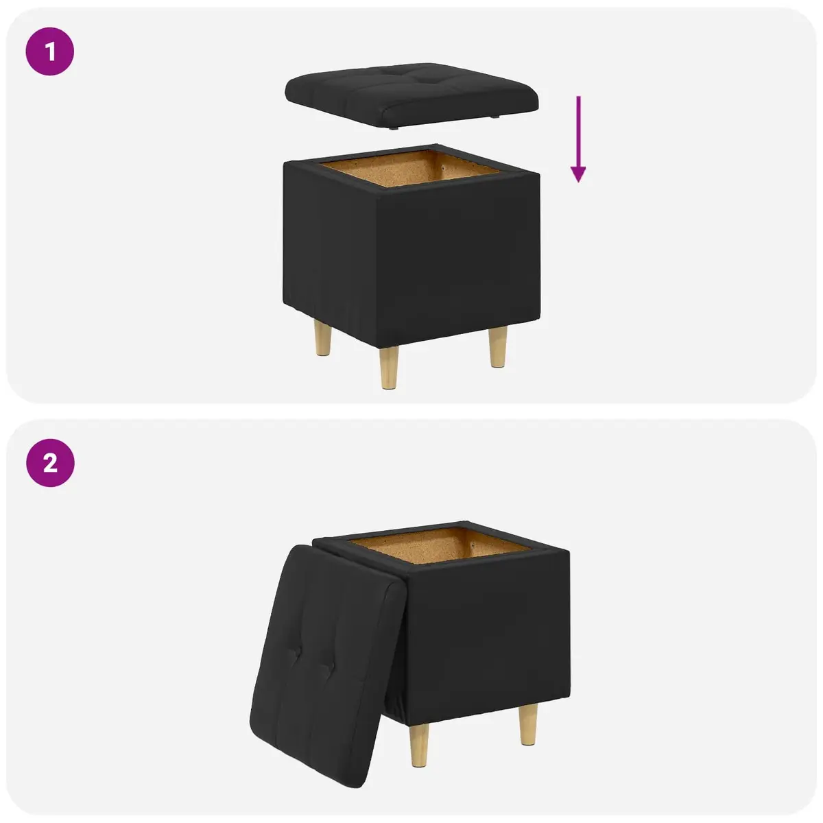 Storage Ottoman Faux Leather Tufted Cushion Black 40 x 40 x 45 cm