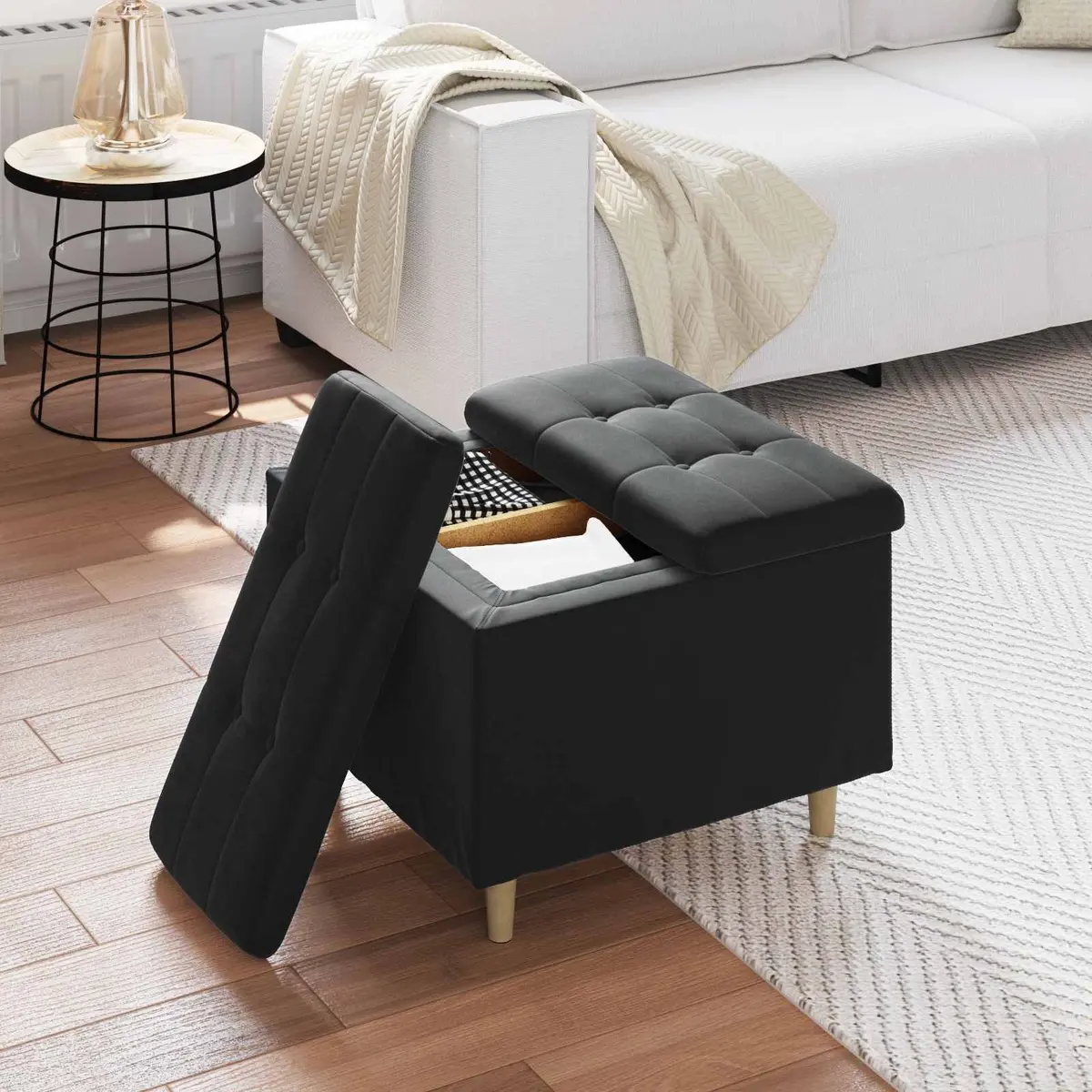 Storage Ottoman Velvet Tufted 60 x 60 x 45 cm Black