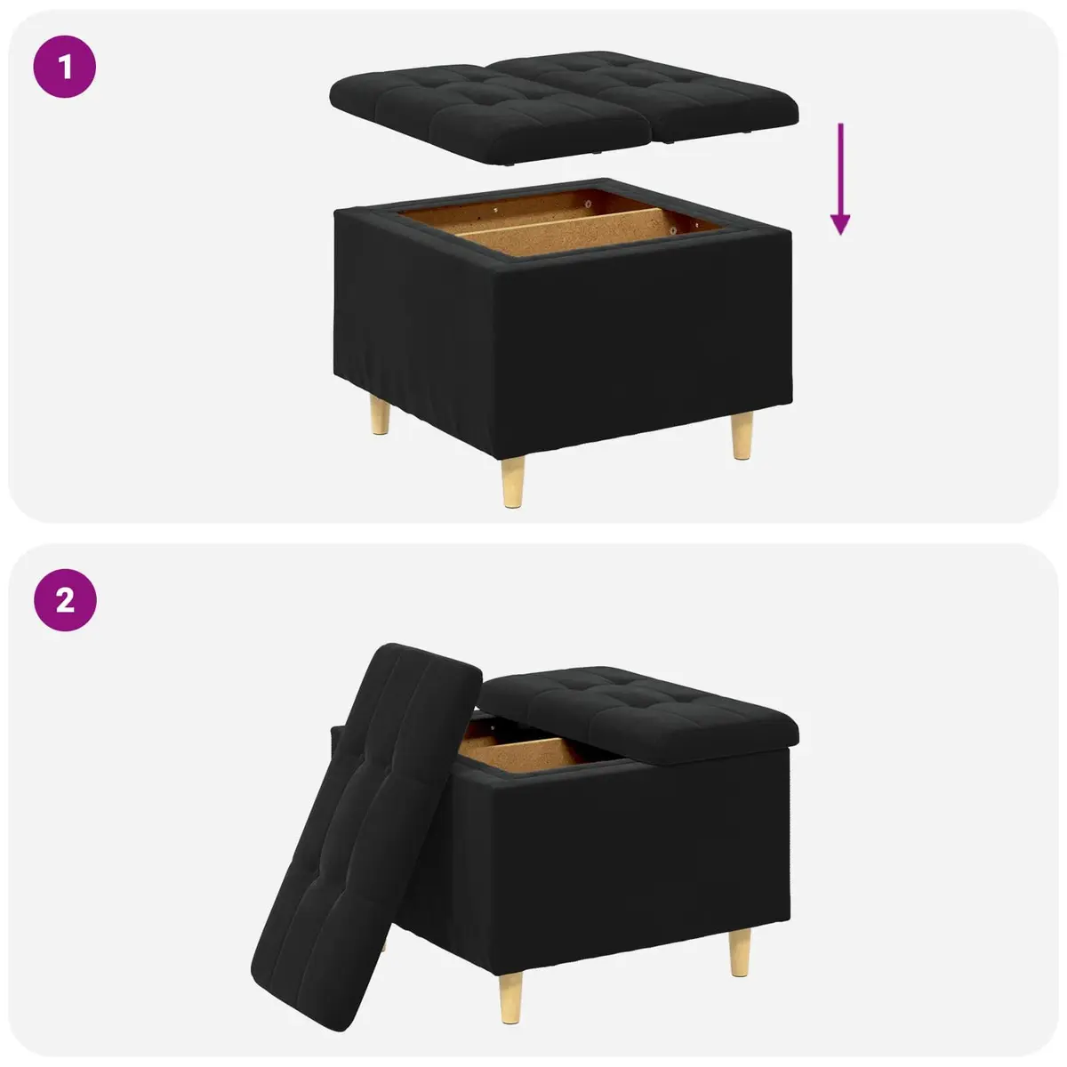 Storage Ottoman Velvet Tufted 60 x 60 x 45 cm Black
