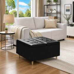 Storage Ottoman with Cushion Black Tufted Design Hidden Compartment Footrest