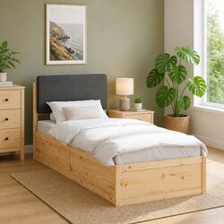 Bed Frame with Upholstered Headboard Grey 90 x 190 cm Modern Wooden Platform
