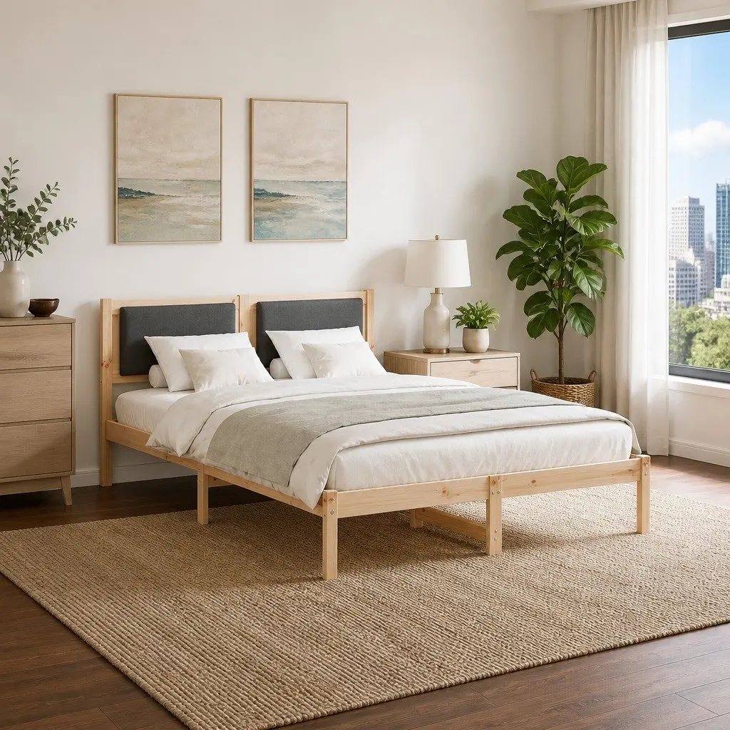 Bed Frame Solid Pine Wood Dark Grey with Polyester Headboard 135x190cm