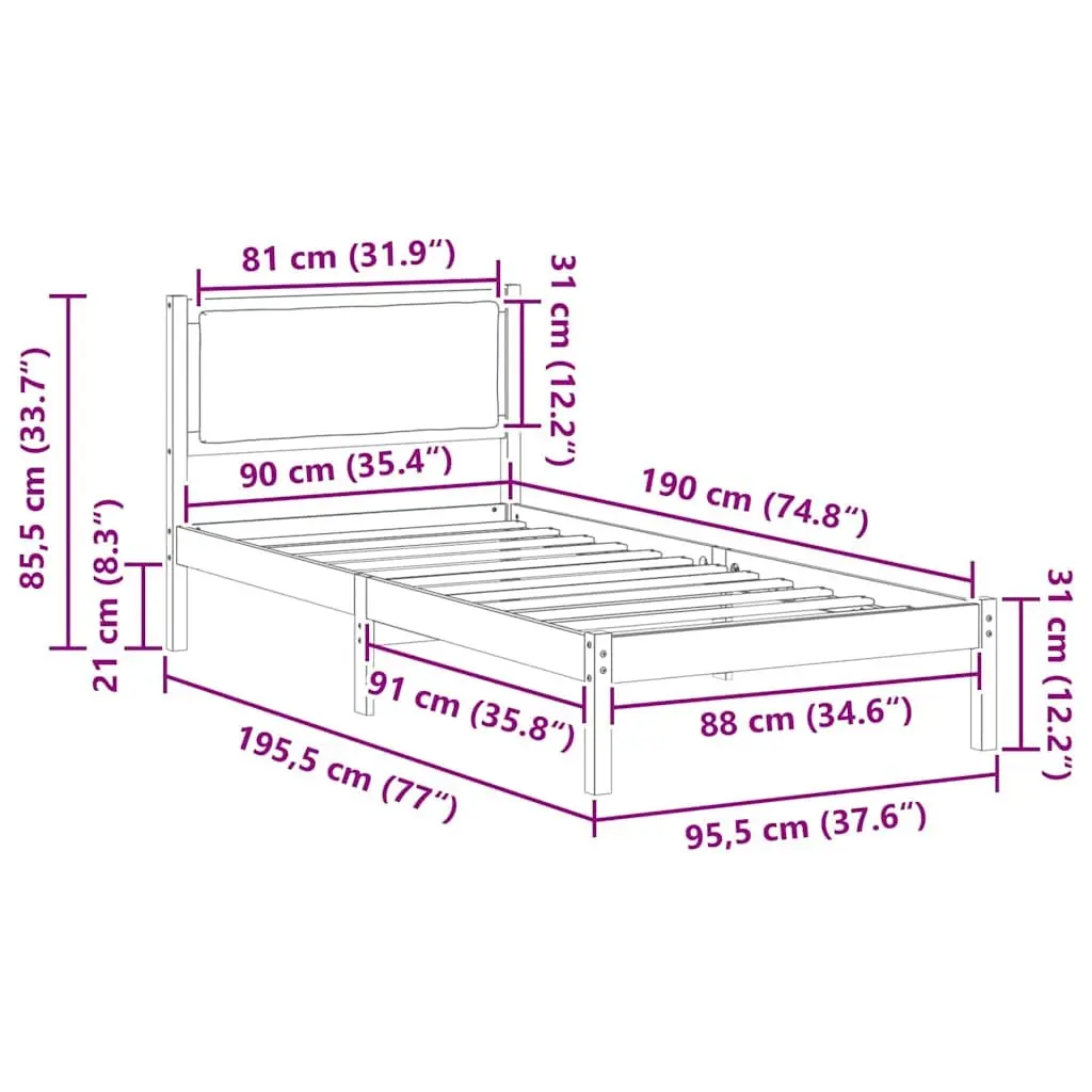 Bed Frame with Headboard Grey 90 x 190 cm Solid Pine Wood Modern Bedroom