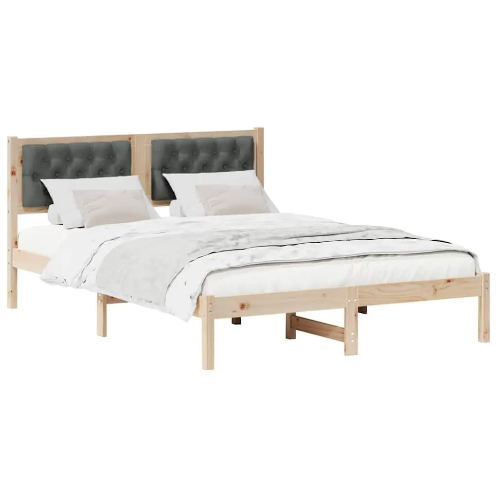 Bed Frame Solid Pine Wood 150 x 200 cm Upholstered Headboard Modern Minimalist Brown