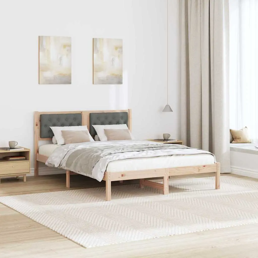 Bed Frame Solid Pine Wood 150 x 200 cm Upholstered Headboard Modern Minimalist Brown