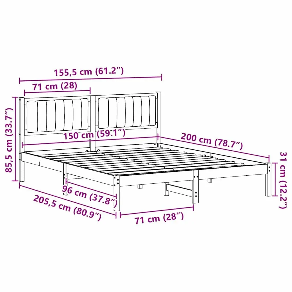 Bed Frame Solid Pine Wood Upholstered Headboard 150 x 200 cm Dark Grey