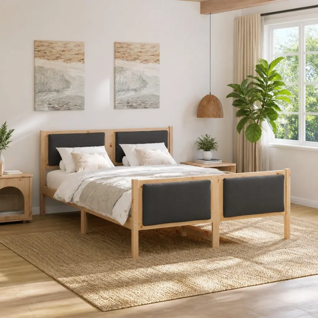 Bed Frame Solid Pine Wood 135x190cm Brown Fabric Headboard