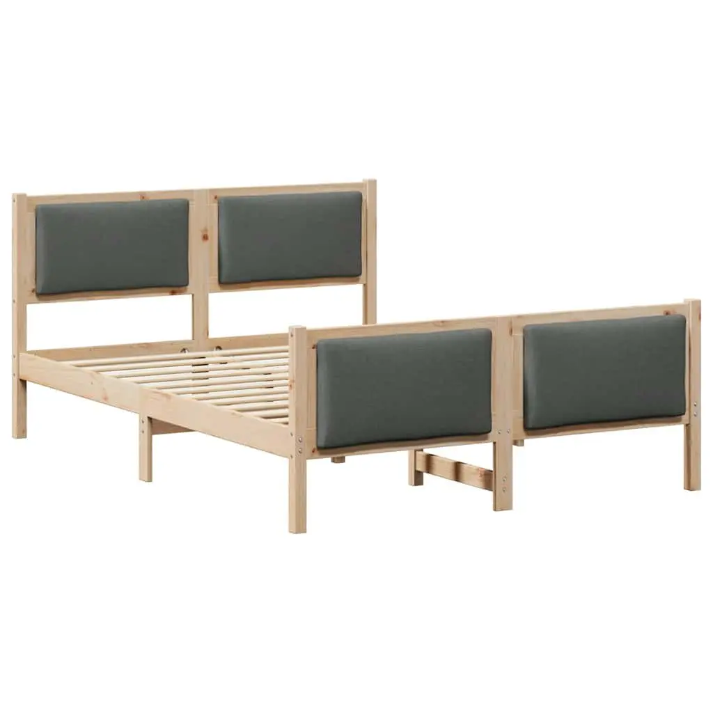 Bed Frame Solid Pine Wood 135x190cm Brown Fabric Headboard