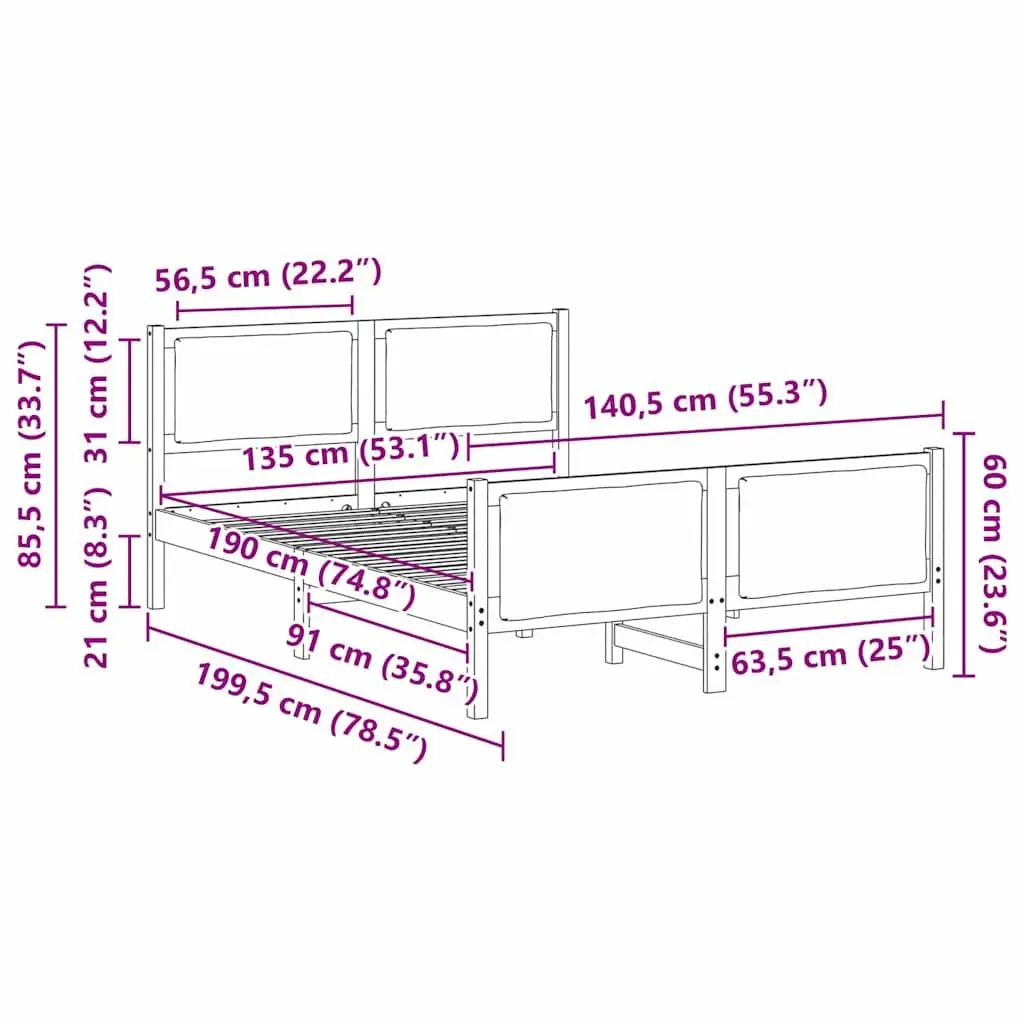 Bed Frame Solid Pine Wood 135x190cm Brown Fabric Headboard