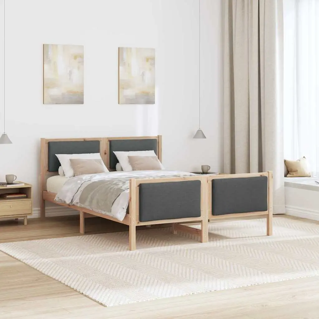 Bed Frame Solid Pine Wood 135x190cm Brown Fabric Headboard