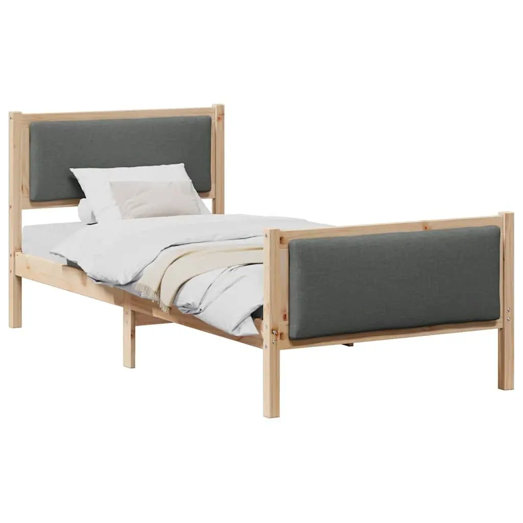 Bed Frame Solid Pine Wood 90 x 190 cm Polyester Upholstered Headboard Slatted Base Brown